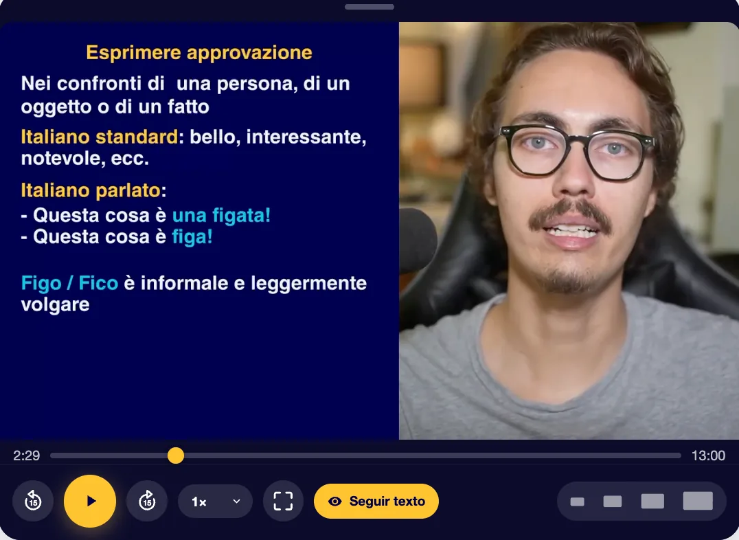 Video-lezione in Italiano Vivo: slide «Esprimere approvazione» e Davide